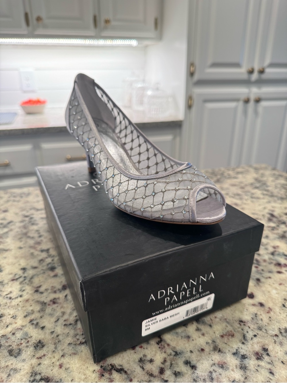 Adrianna Papell Silver Mesh Peep Toe Pumps with Rhinestones